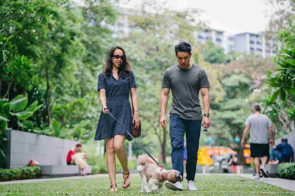 Walking the dog together. How cute.