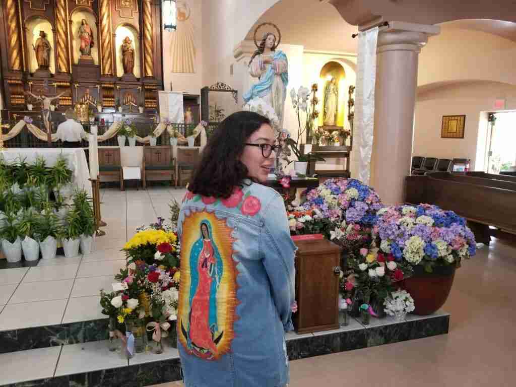 Mia in church jacket Bless Virgin Mary de Guadalupe