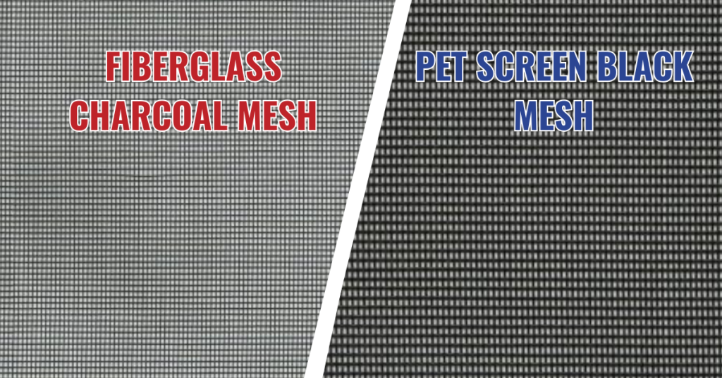 Compare the fiberglass charcoal mesh and the pet screen black side by side.